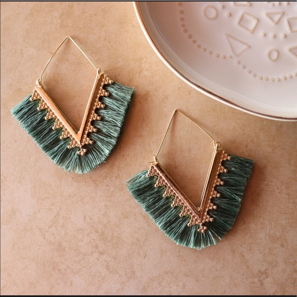 Jewelry - Moss Green Fringe Drop Earrings